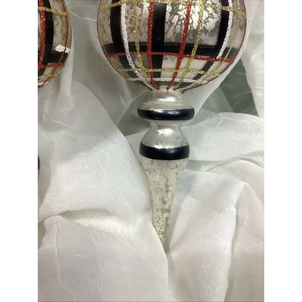 Mercury Glass Finial Christmas Plaid Ornaments X4 Black, Red, Gold & Silver 9